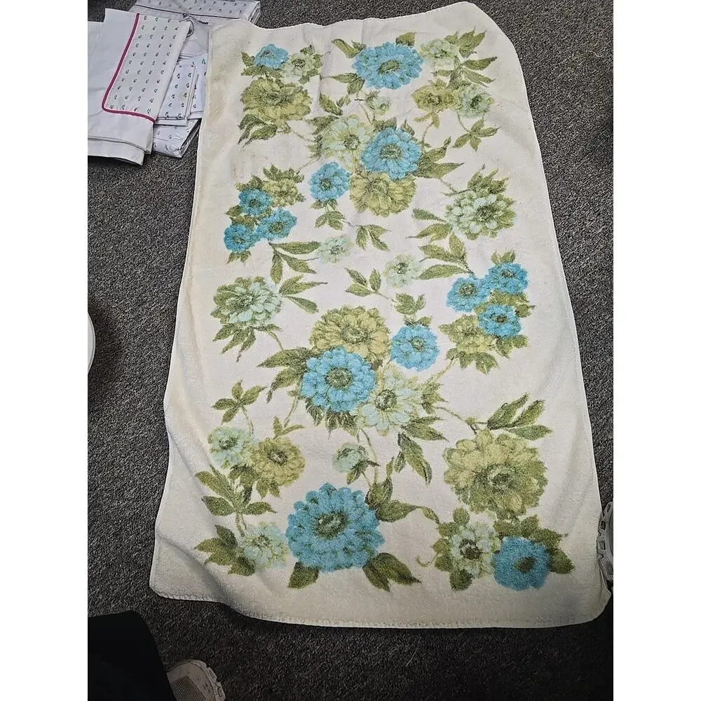 Lot‎ of 4 Vtg MCM Springmaid Green Blue Floral 100% Cotton Bath and Hand Towels